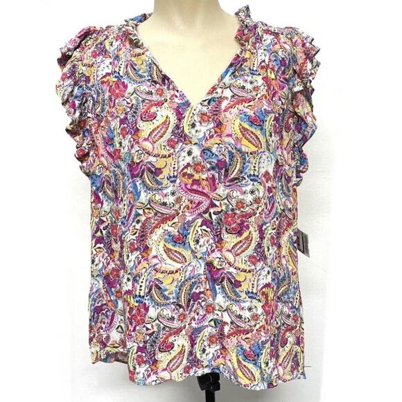 Robert Graham Women’s Blouse XL Paisley Print Pink Flutter Short Sleeve Top $248 - Picture 5 of 8